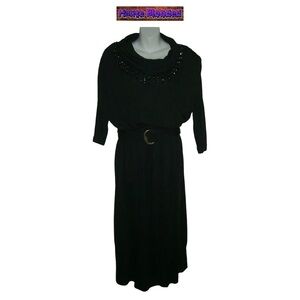 Vintage 80's Stuart Alan Black Belted Dress W Beaded Fringe Cowl Neck Plus Sz 16
